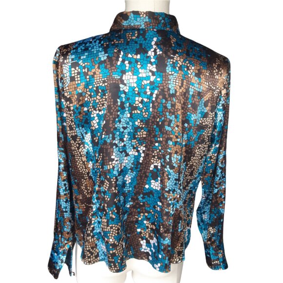 Laura Studio SZ18 Satin Finish Geometric Button Up Women's Shirt, Blues & Browns - Picture 2 of 15